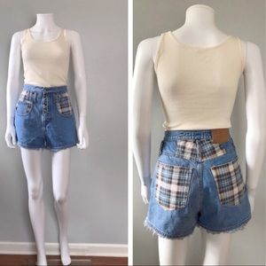 Vintage Jean Shorts Cut Offs Plaid Patched 90s